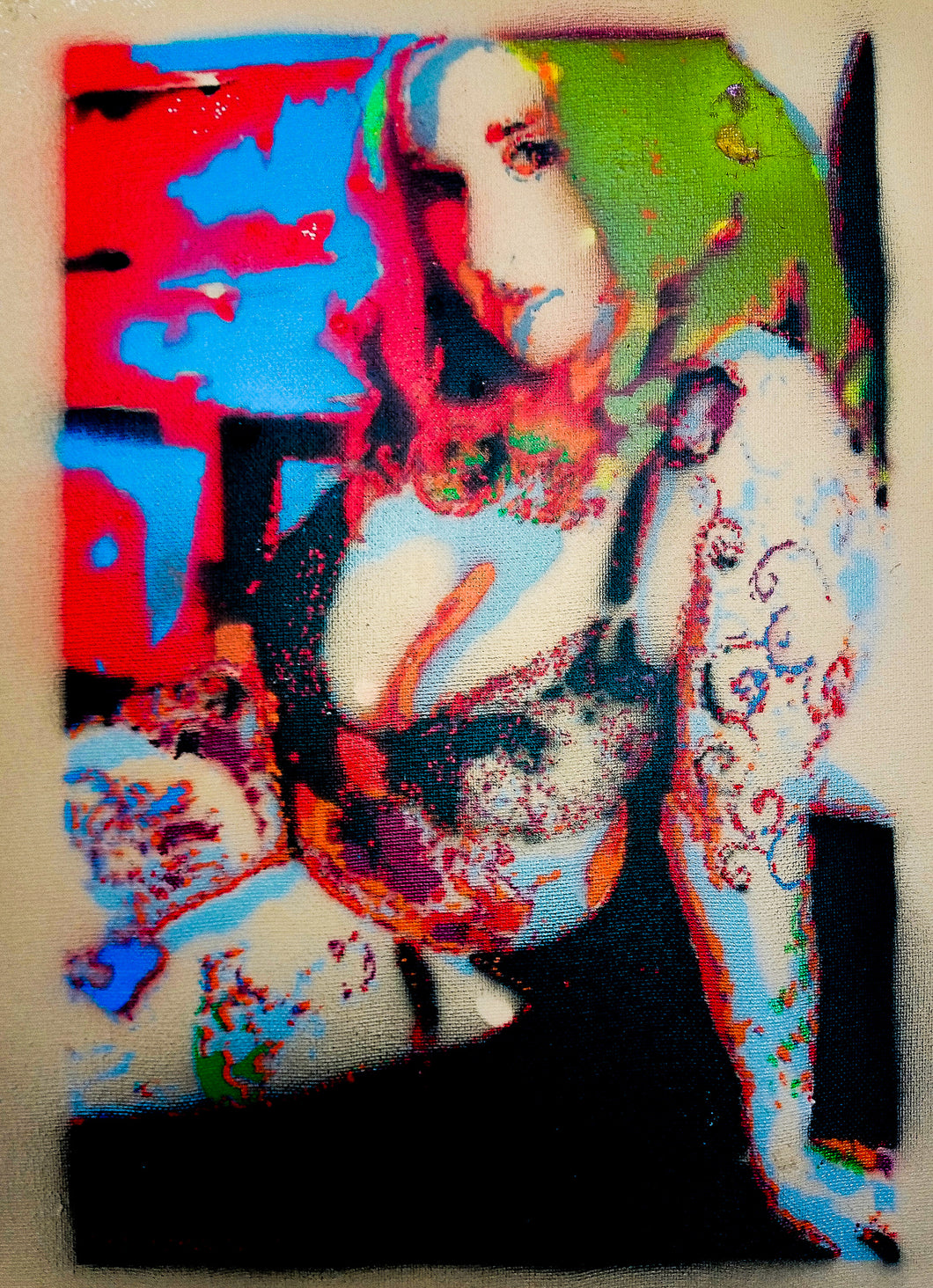 LIMITED PRINT- GREEN HAIRED BEAUTY. SPRAY PAINT AND STENCIL.  A4/ 21 x 29.7 cm